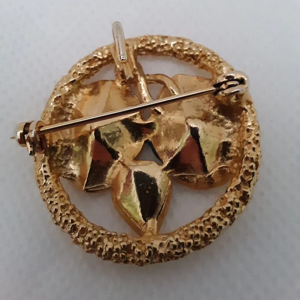 Vintage Enamel Circle Floral Pin Brooch Pendant Gold Tone - Picture 3 of 7